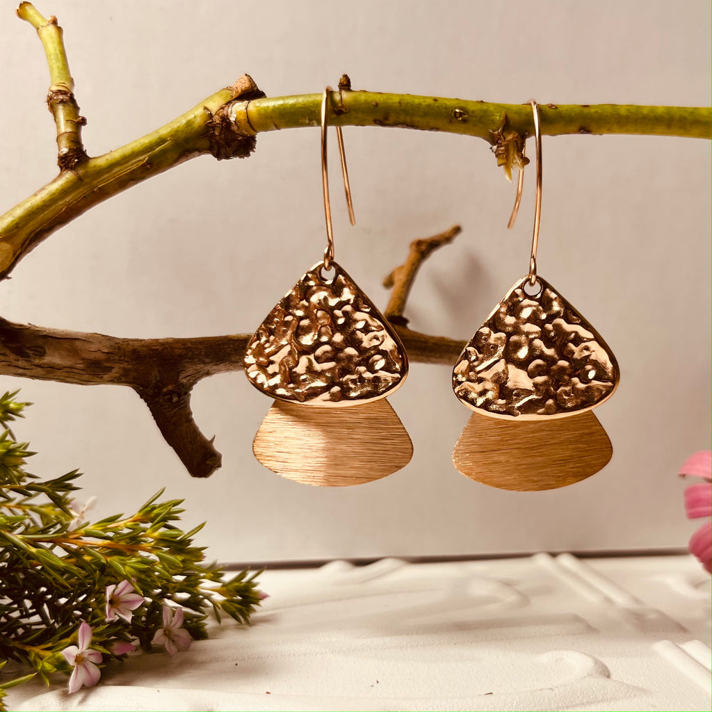 Rose Gold Hammered Design Drop Down Earrings