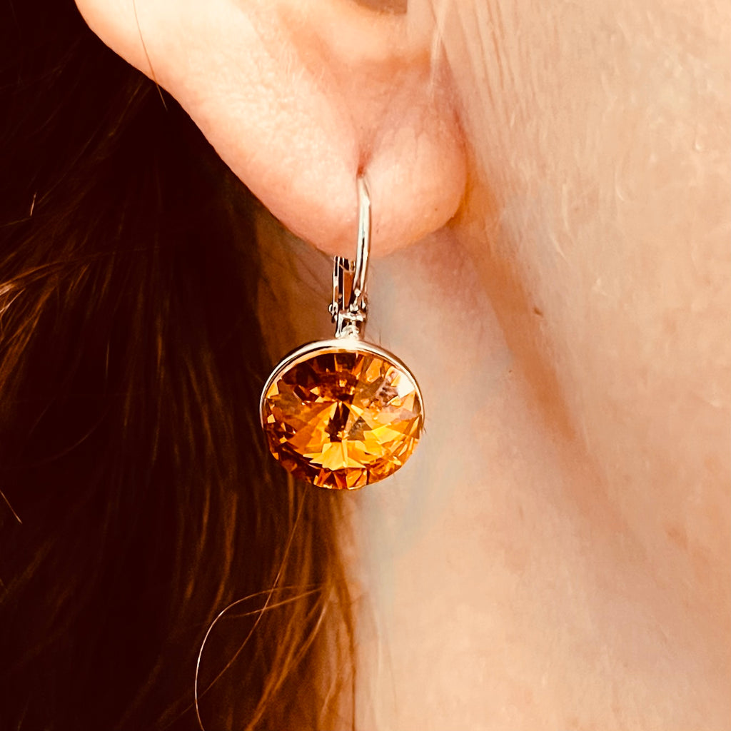 Silver Swarovski Crystal Orange Topaz Earrings