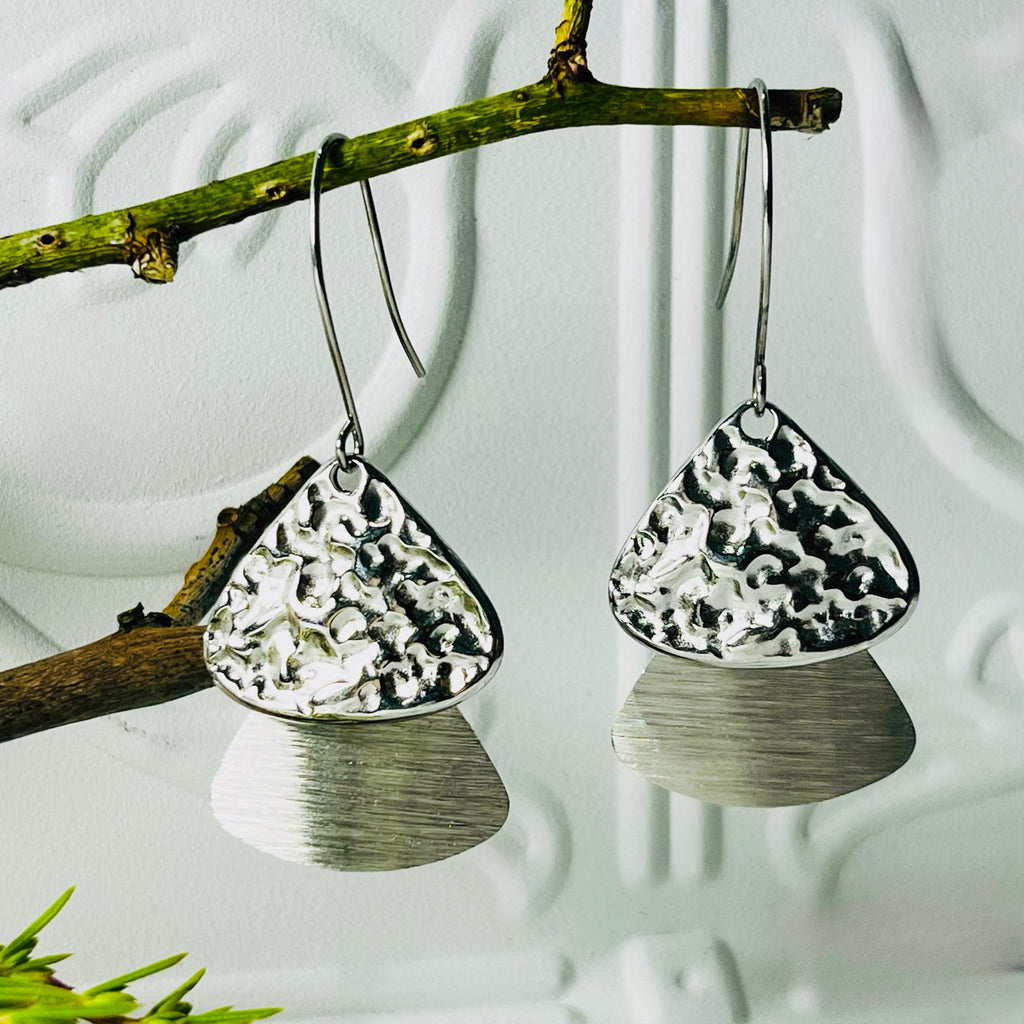 Silver Hammered Design Drop Down Earrings