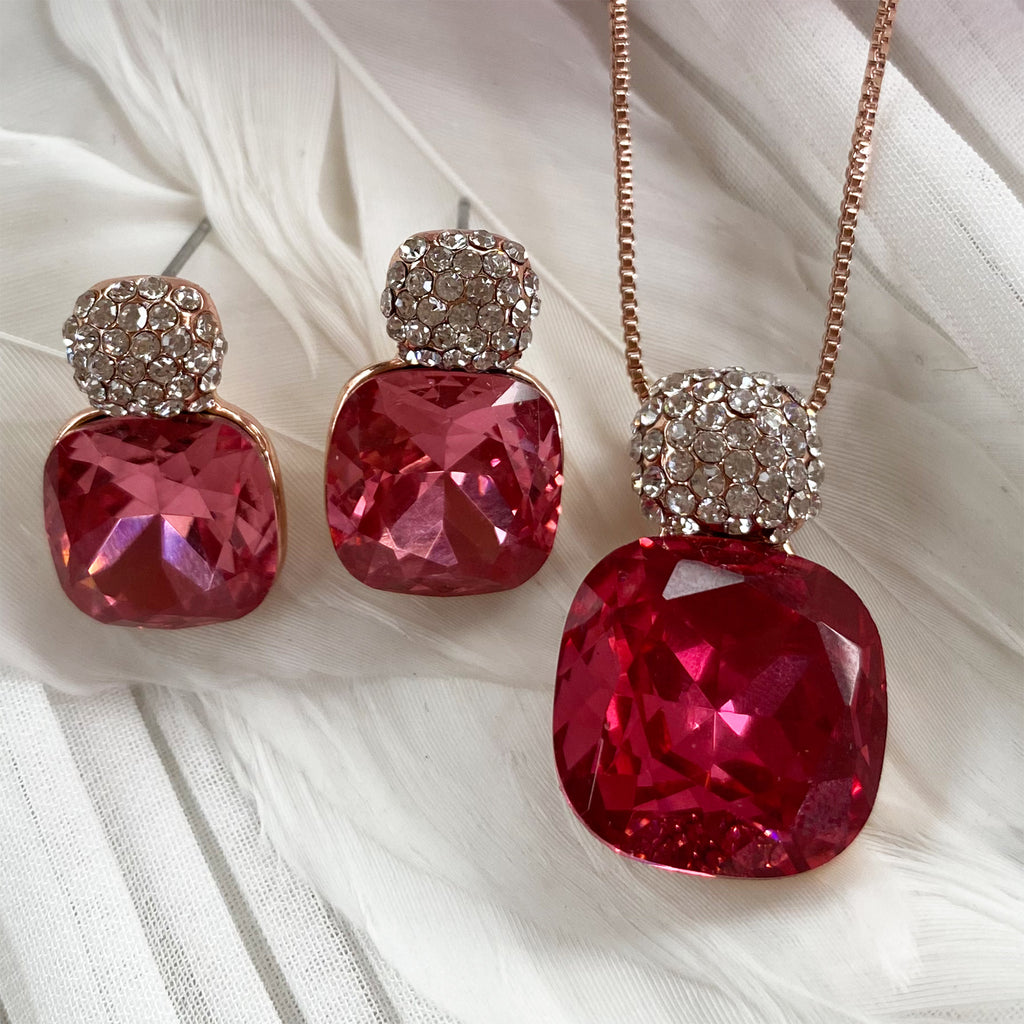 Rose Gold Plated Deep Pink Cubic Zirconia Pendant & Earring Set