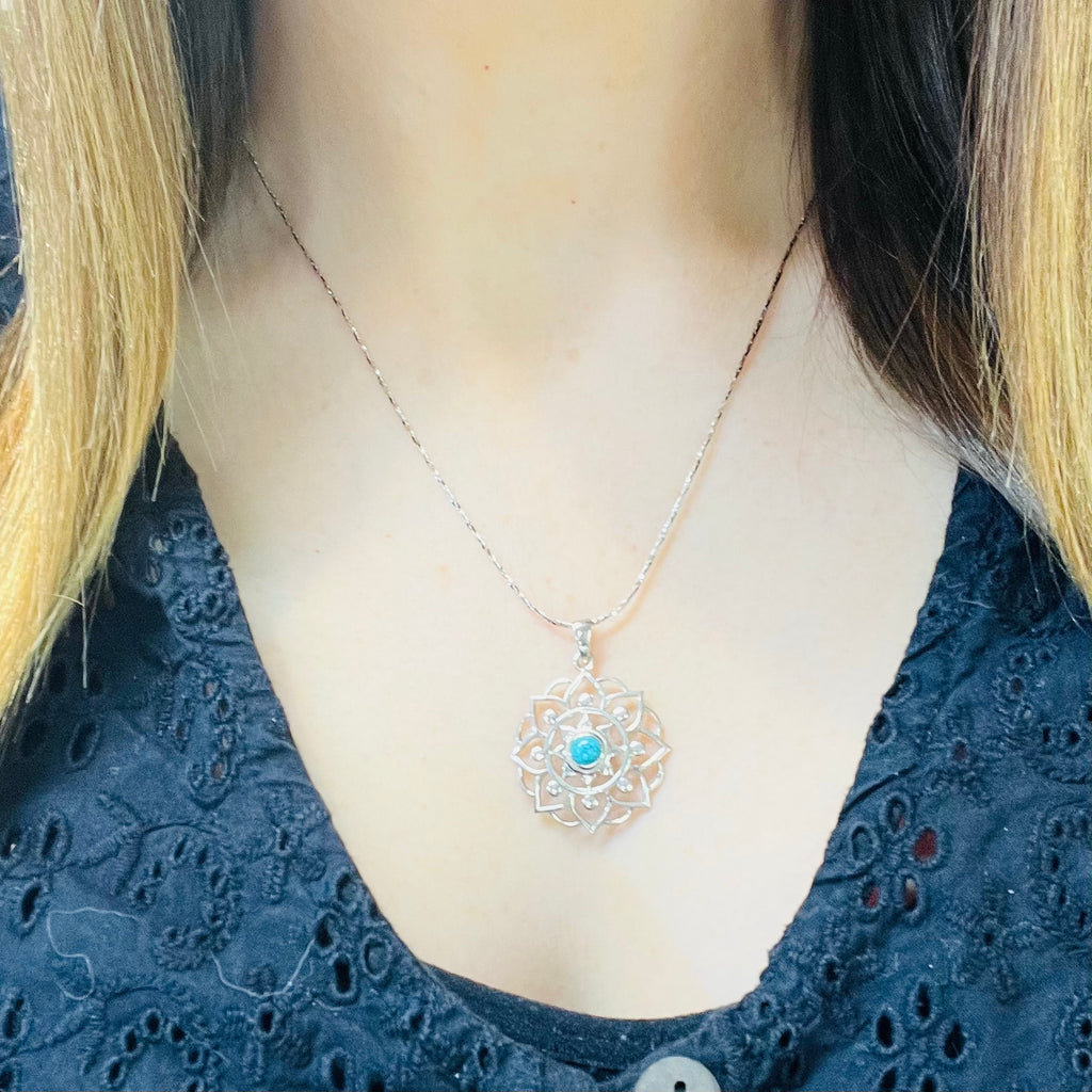 Sterling Silver Lotus Flower & Stone Necklace