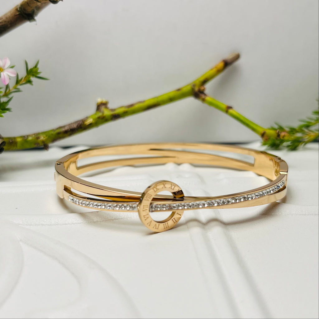 Rose Gold Roman Numeral & Clear Cubic Zirconia Crystal bangle