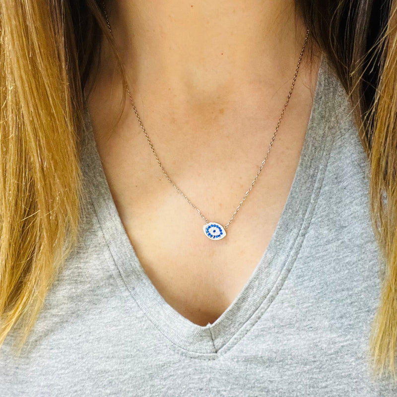 Silver Blue & Clear Crystal Eye Necklace
