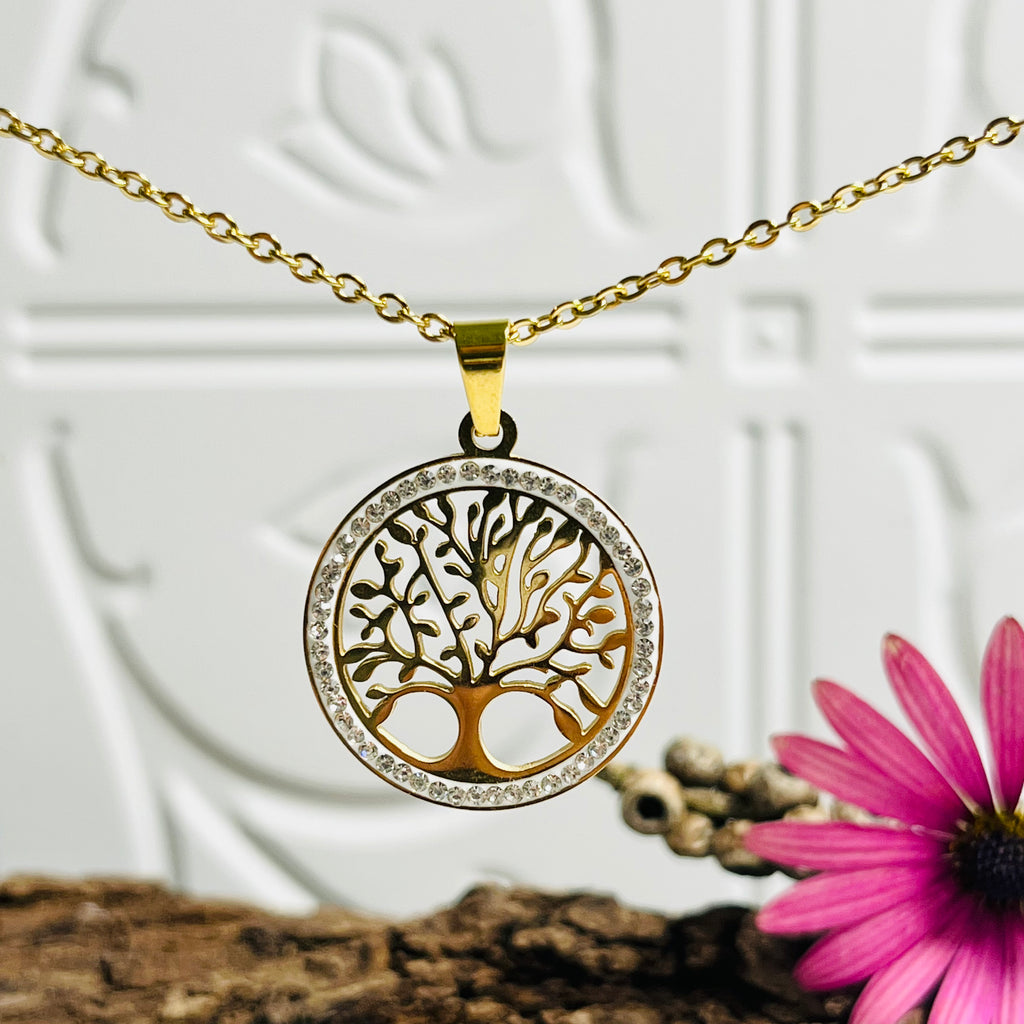 Cubic Zirconia Gold Plated Stainless Steel Tree of Life Round Pendant.