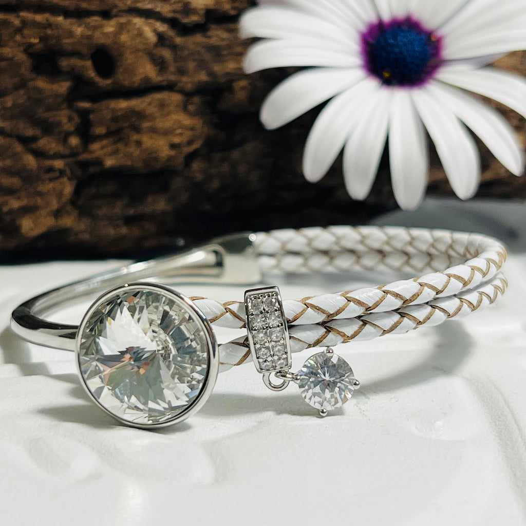 Silver & White Bangle Adorned With Genuine Swarovski Crystals