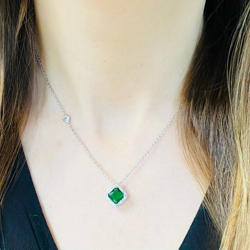 Silver Square Emerald Green Crystal Necklace