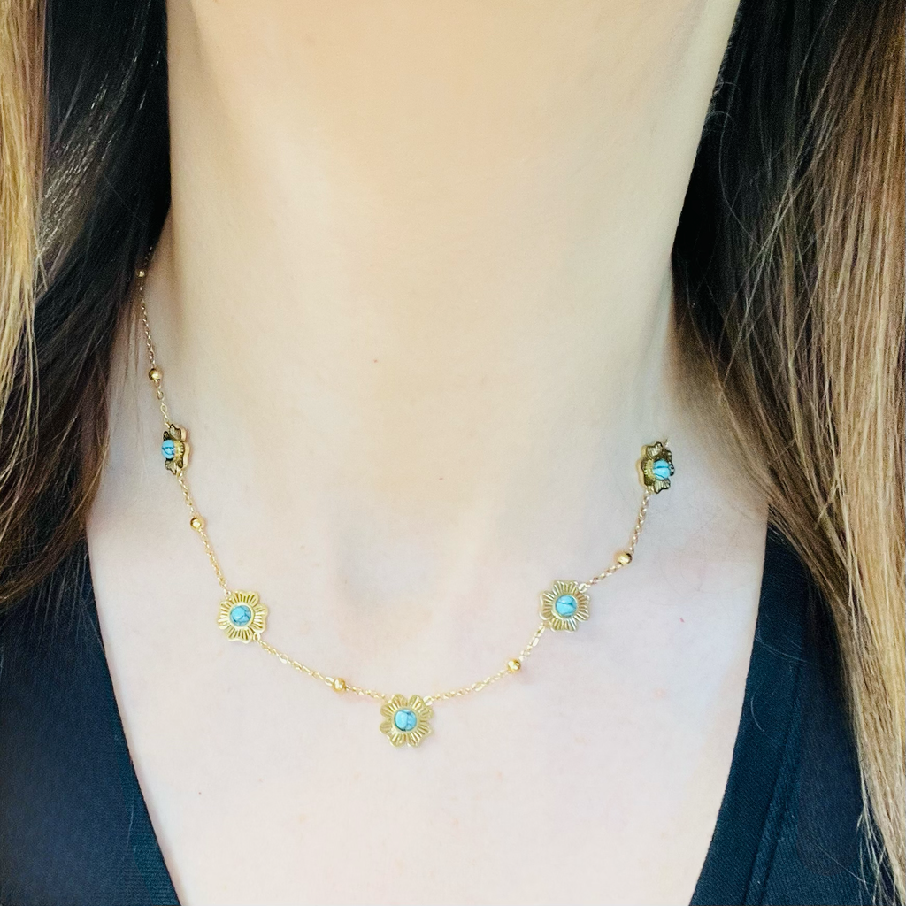 Gold Flower & Aqua Necklace