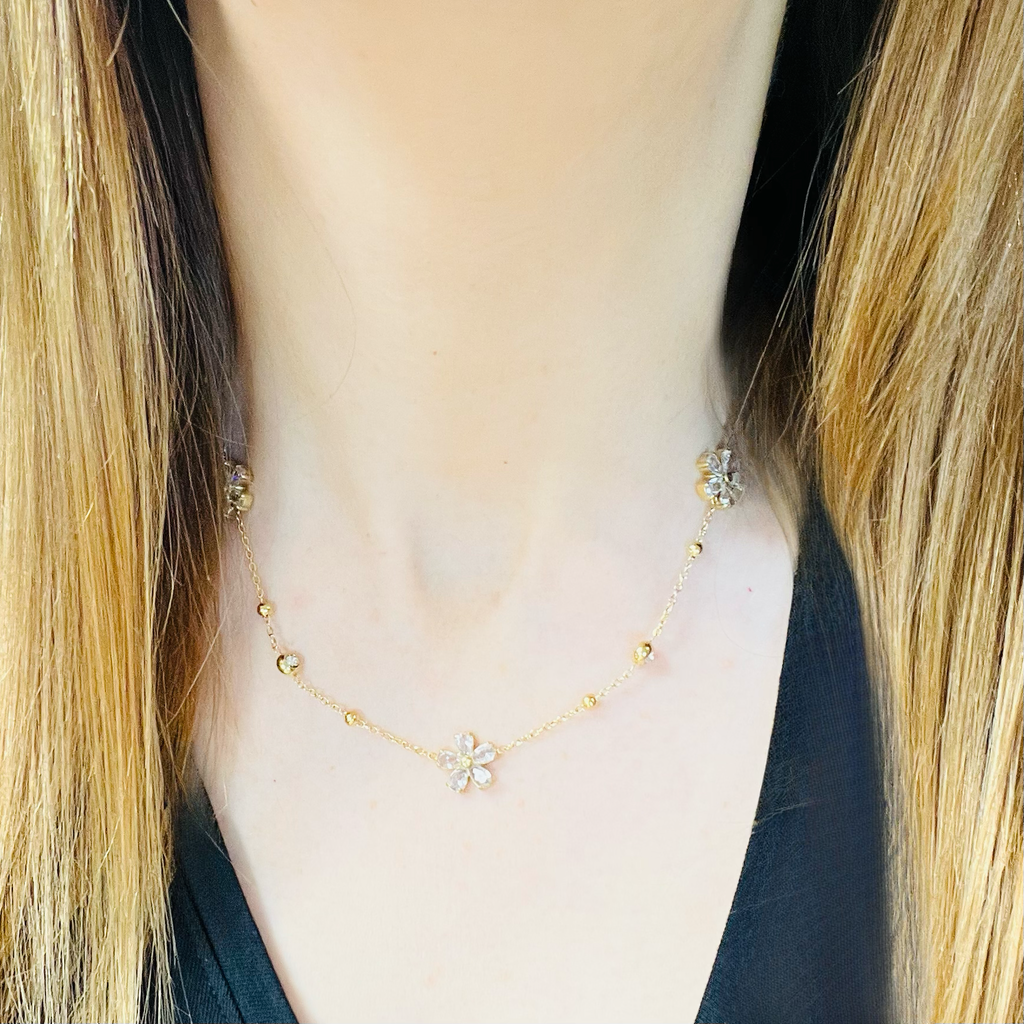 Gold Flower & Clear Pretty Stone Necklace.