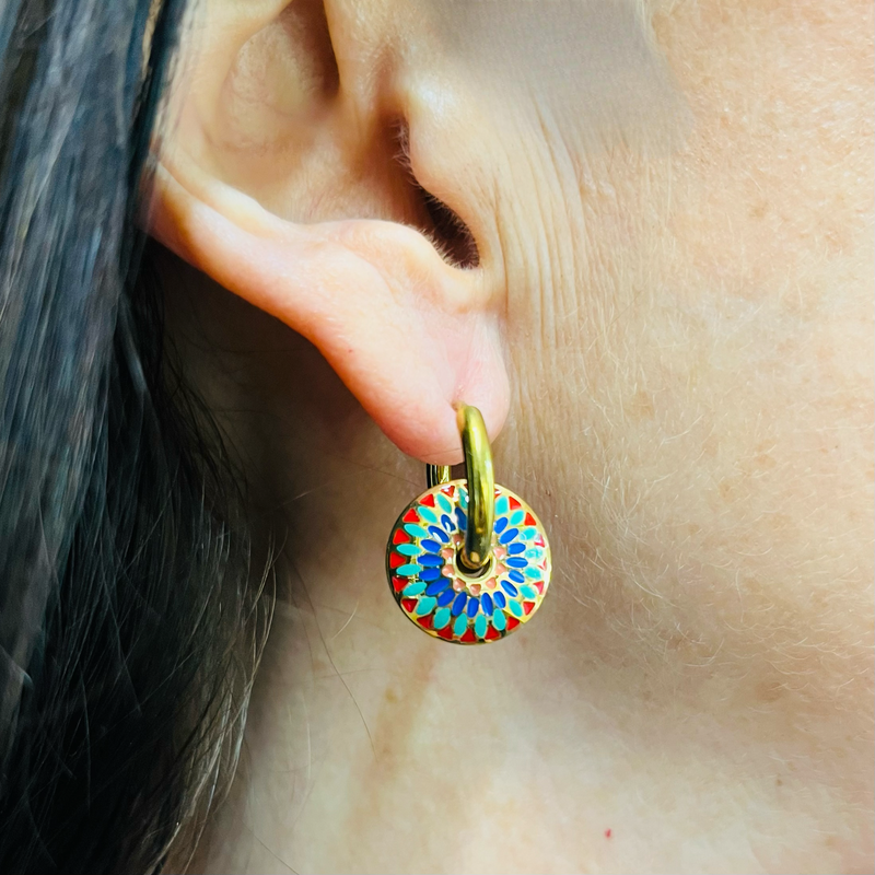 Gold Multicoloured Aztec Round Earrings
