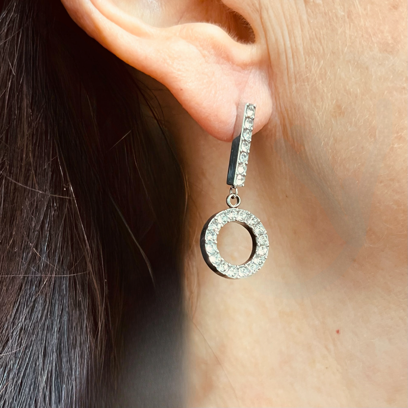 Silver Circle & Clear Crystal Drop Down Earrings