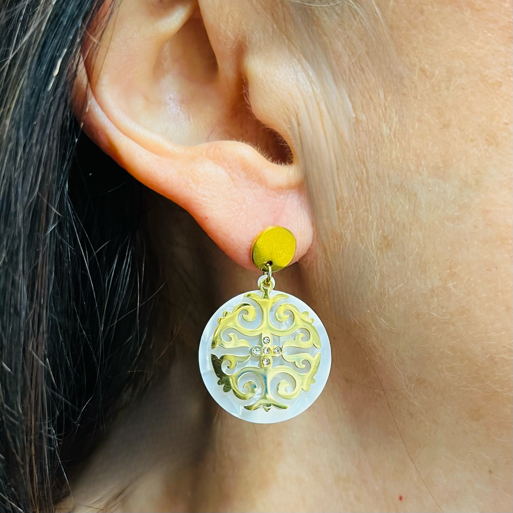 Gold Disc & Filigree Drop Down Earrings