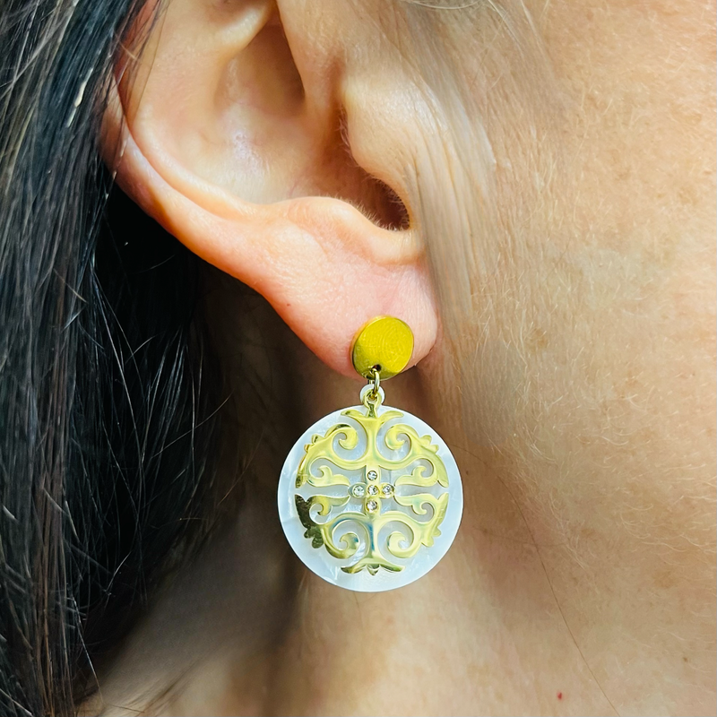 Gold Disc & Filigree Drop Down Earrings