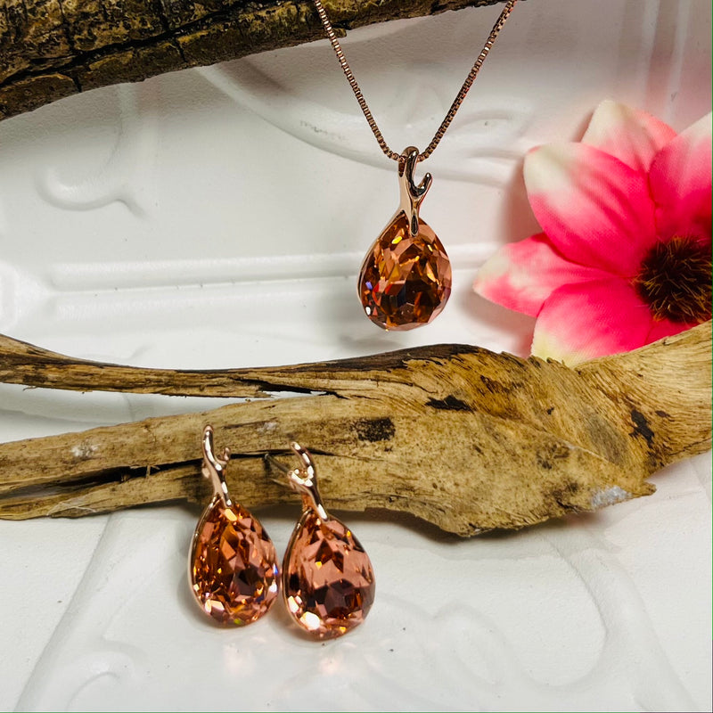 Rose Gold Peach Crystal Necklace & Earring Set