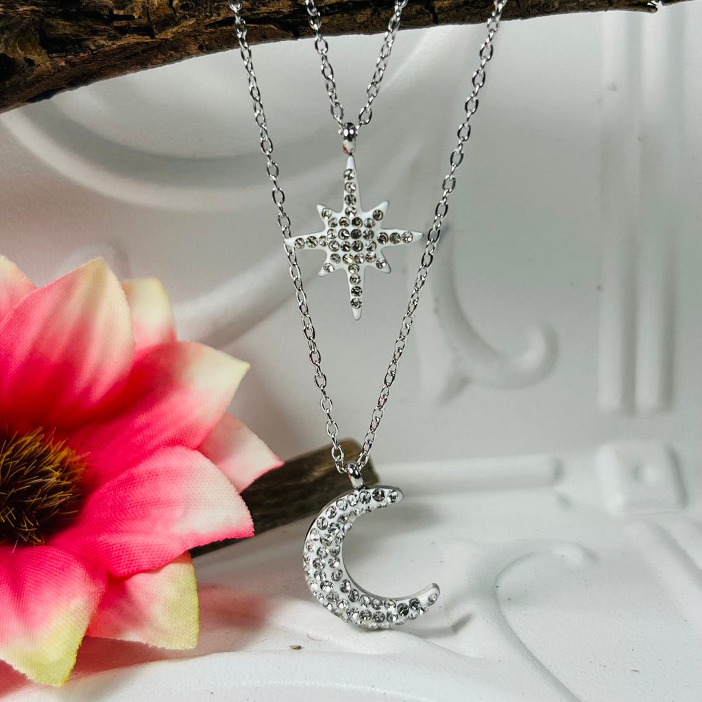Silver Star & Moon Double Necklace