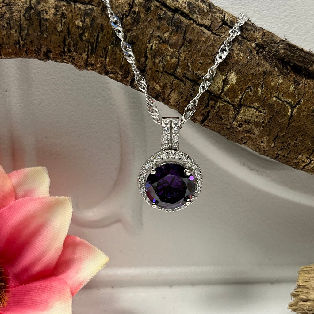 Silver Sterling Silver & Purple Crystal Necklace