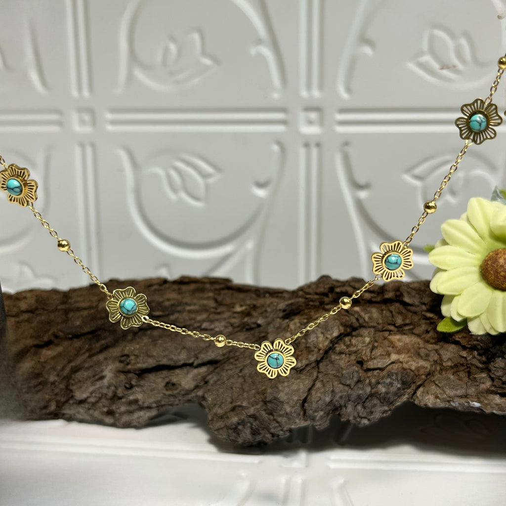 Gold Flower & Aqua Necklace