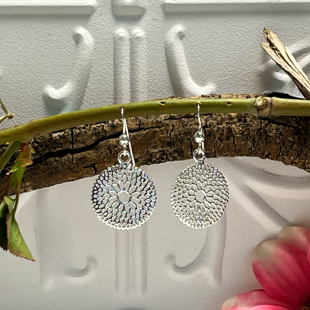 Sterling Silver Round Flower Earrings