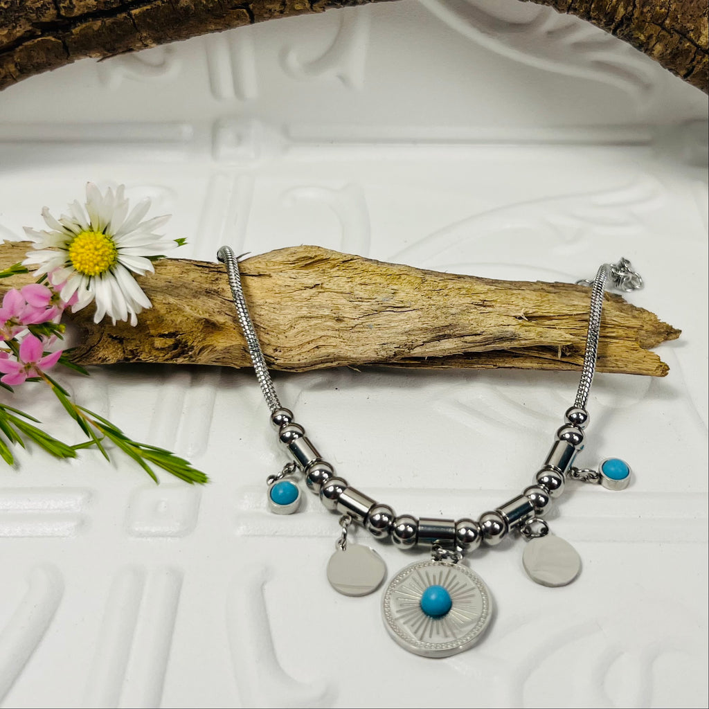 Silver Charm Bracelet With Aqua Stones