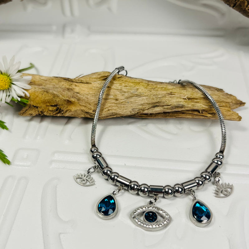 Silver Charm Bracelet With Blue Stones