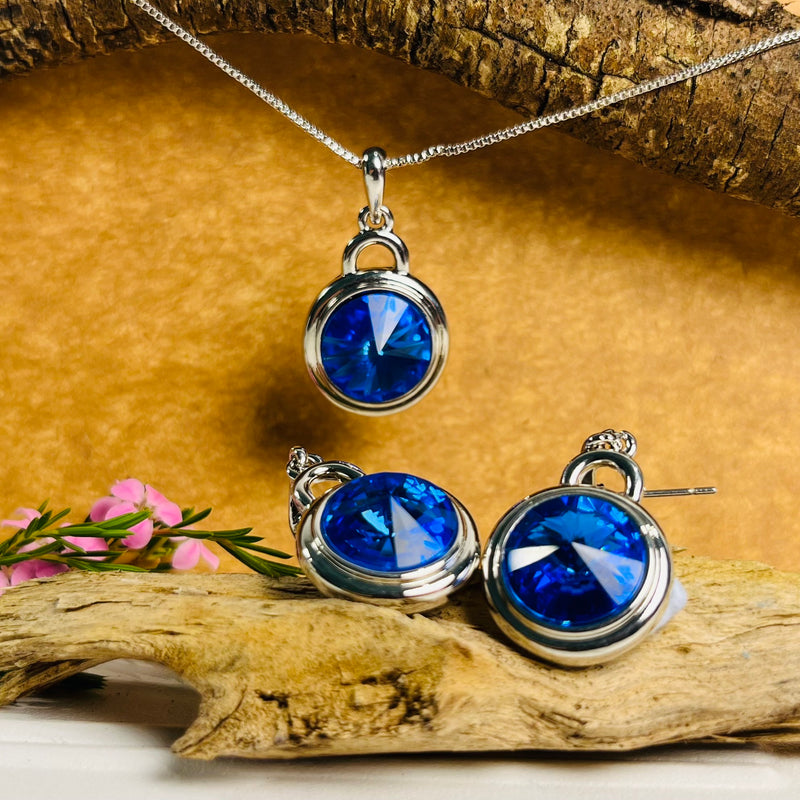 Silver Royal Blue Crystal Round Necklace & Earring Set