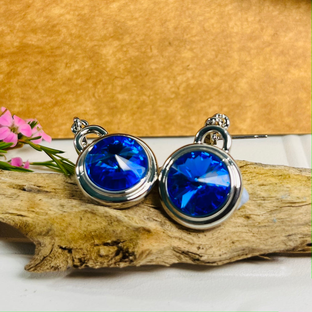 Silver Royal Blue Crystal Round Earrings