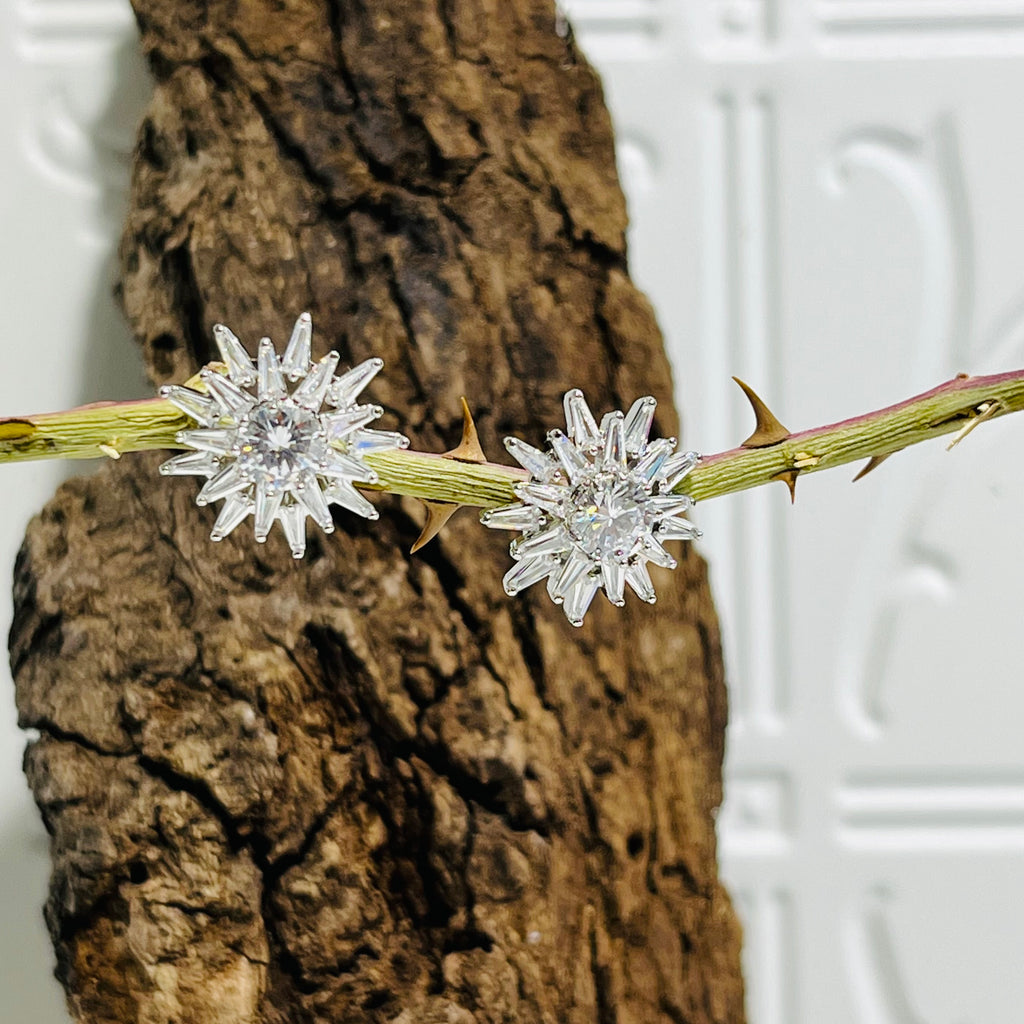 Silver Crystal Flower Earrings