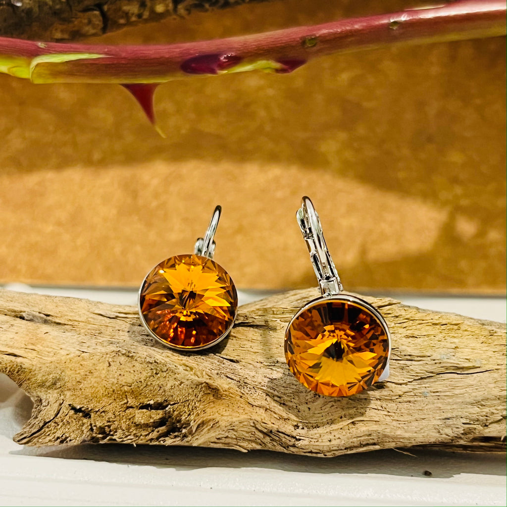 Silver Swarovski Crystal Orange Topaz Earrings