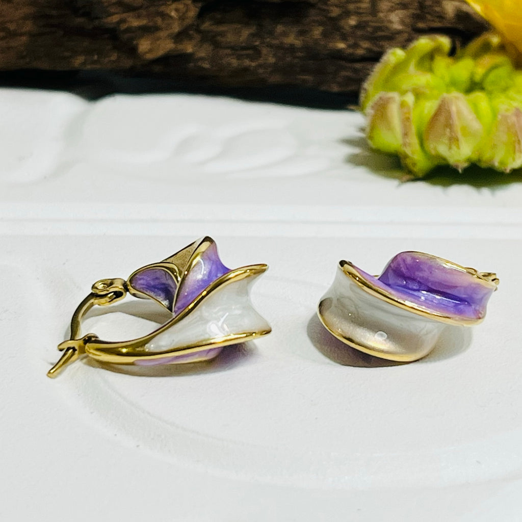 Gold Swirly Purple & White Earrings