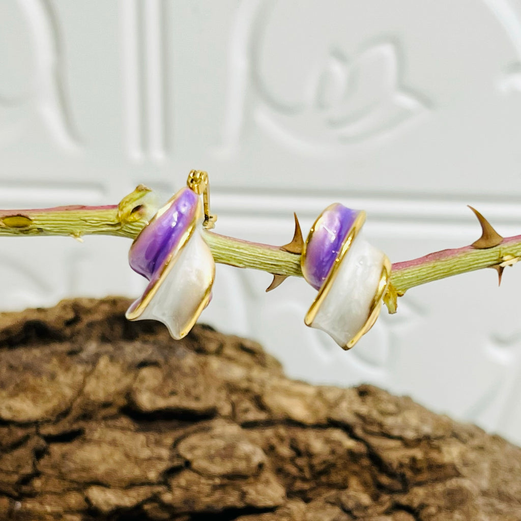 Gold Swirly Purple & White Earrings