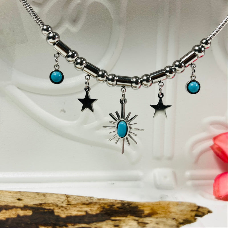 Silver Charm Necklace Stars and Circles .