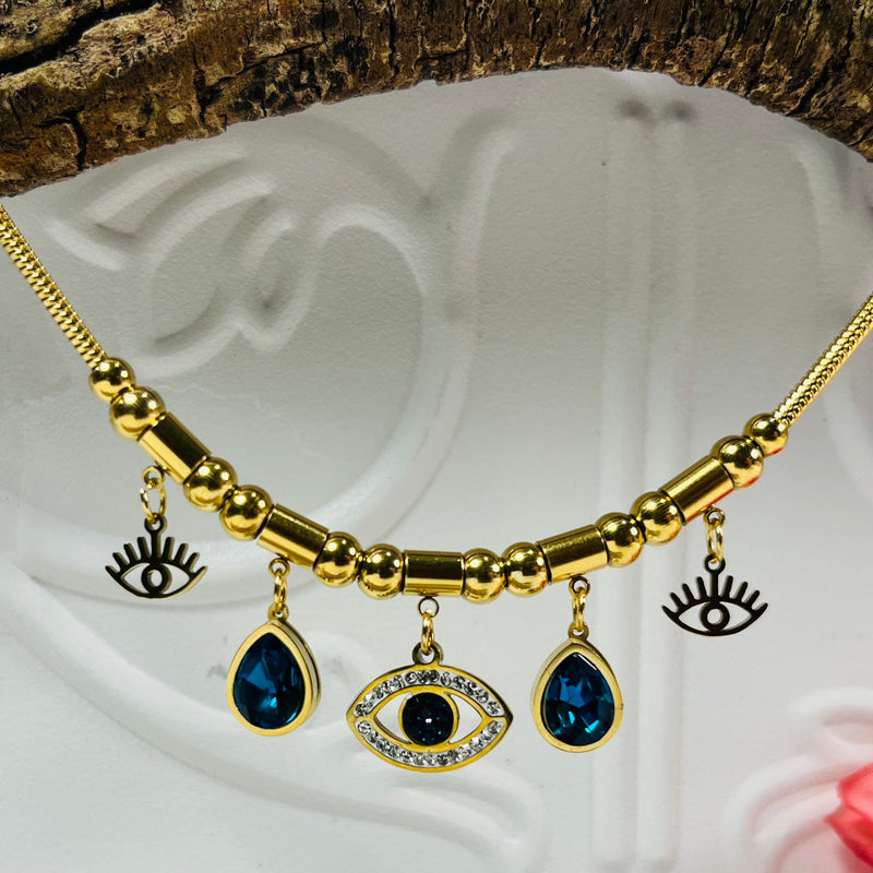 Gold Charm Necklace Evil Eye .