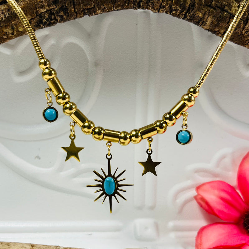 Gold Charm Necklace Circles and Stars