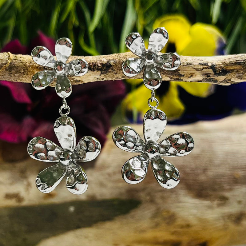 Silver Drop Down Flower Earrings