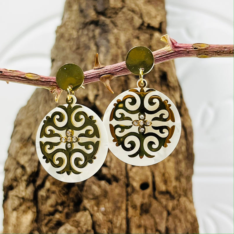 Gold Disc & Filigree Drop Down Earrings