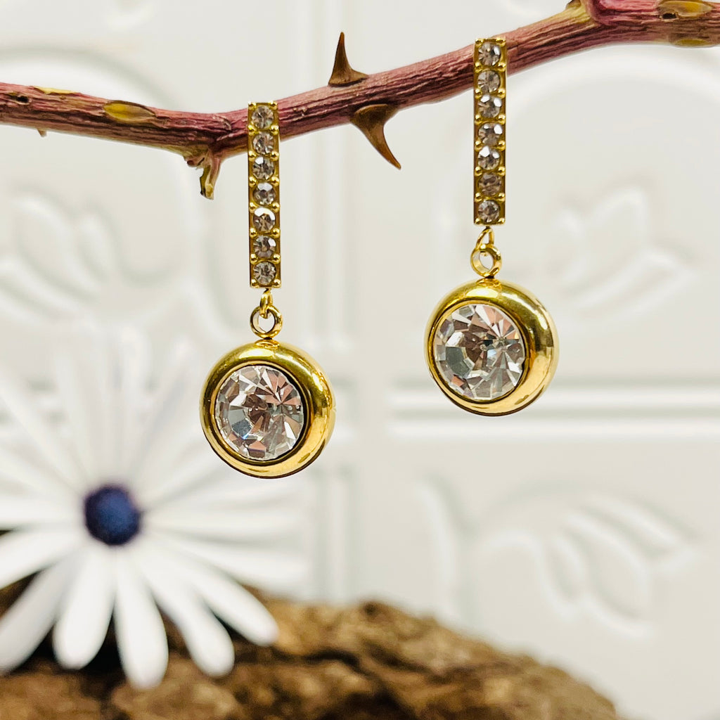 Gold & Clear Crystal Drop Down Earrings