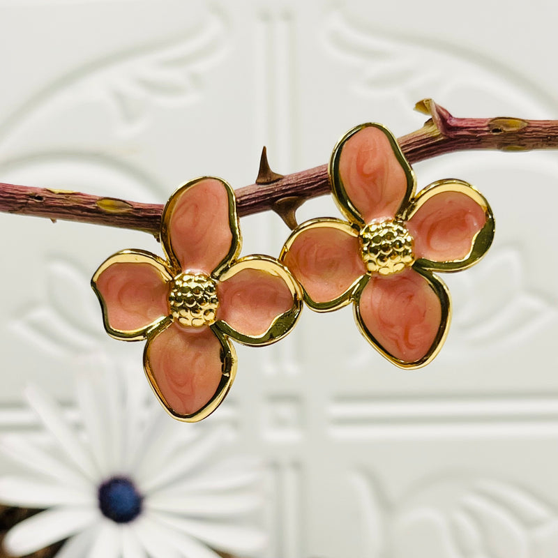 Gold & Coral Flower Earrings