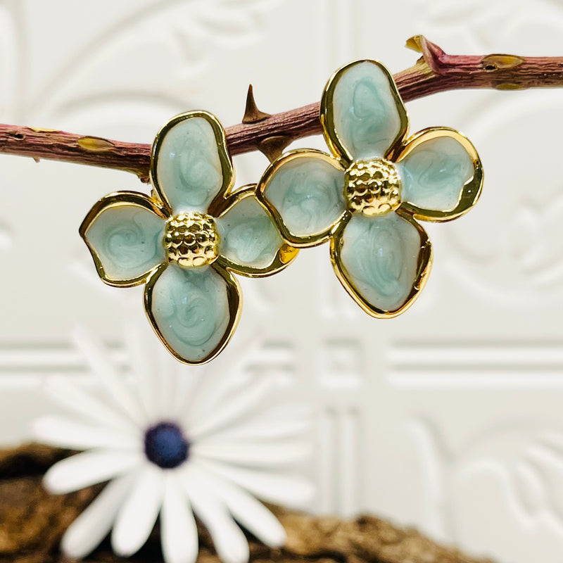 Gold & Light Blue/Green Flower Earrings