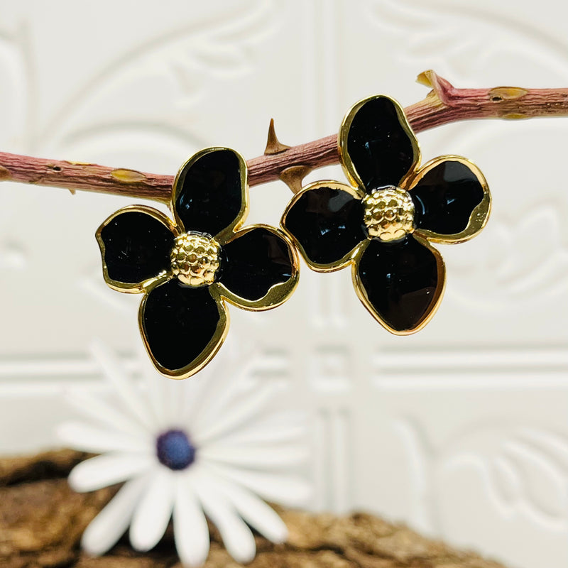 Gold & Black Flower Earrings