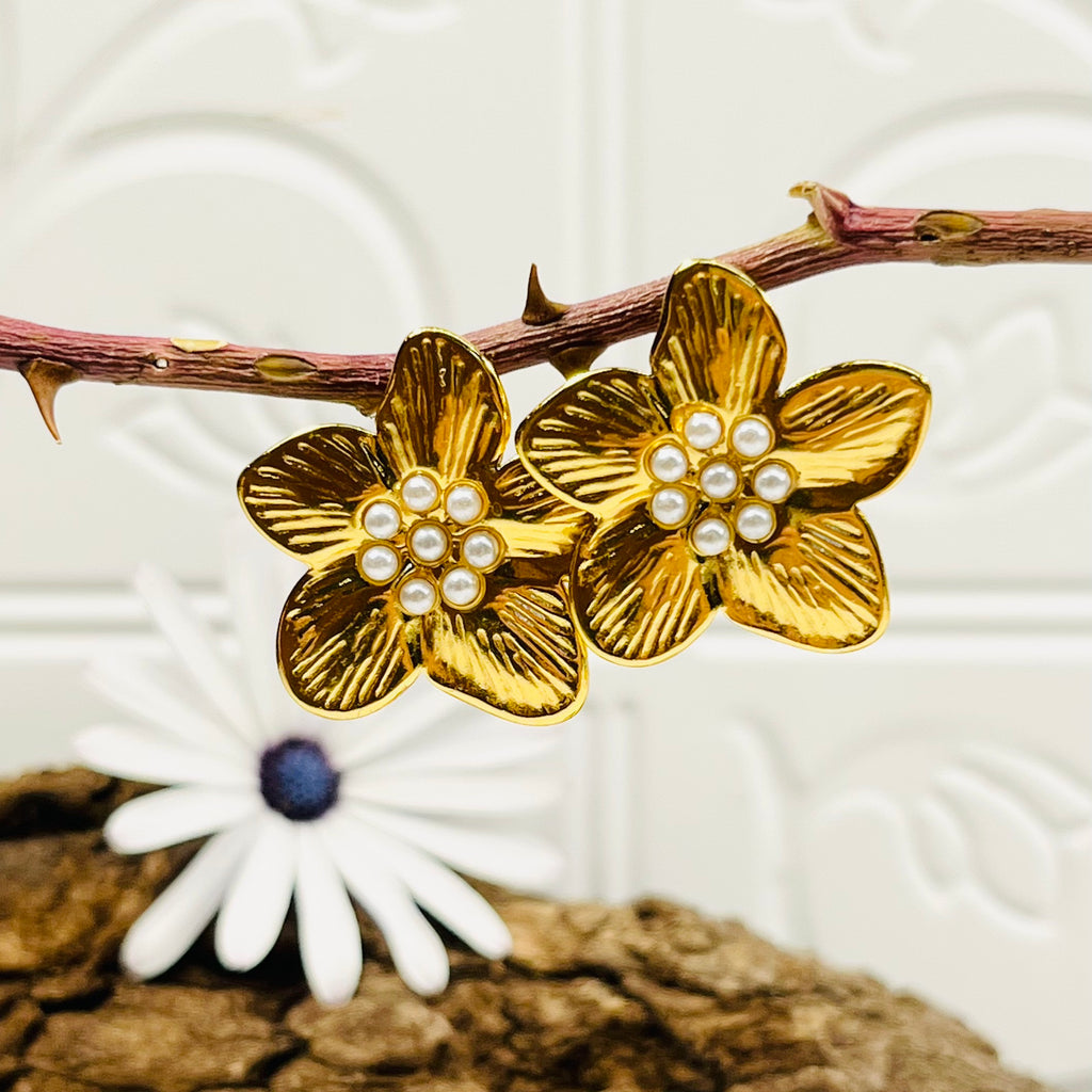 Gold Flower Earrings With Pearl Design