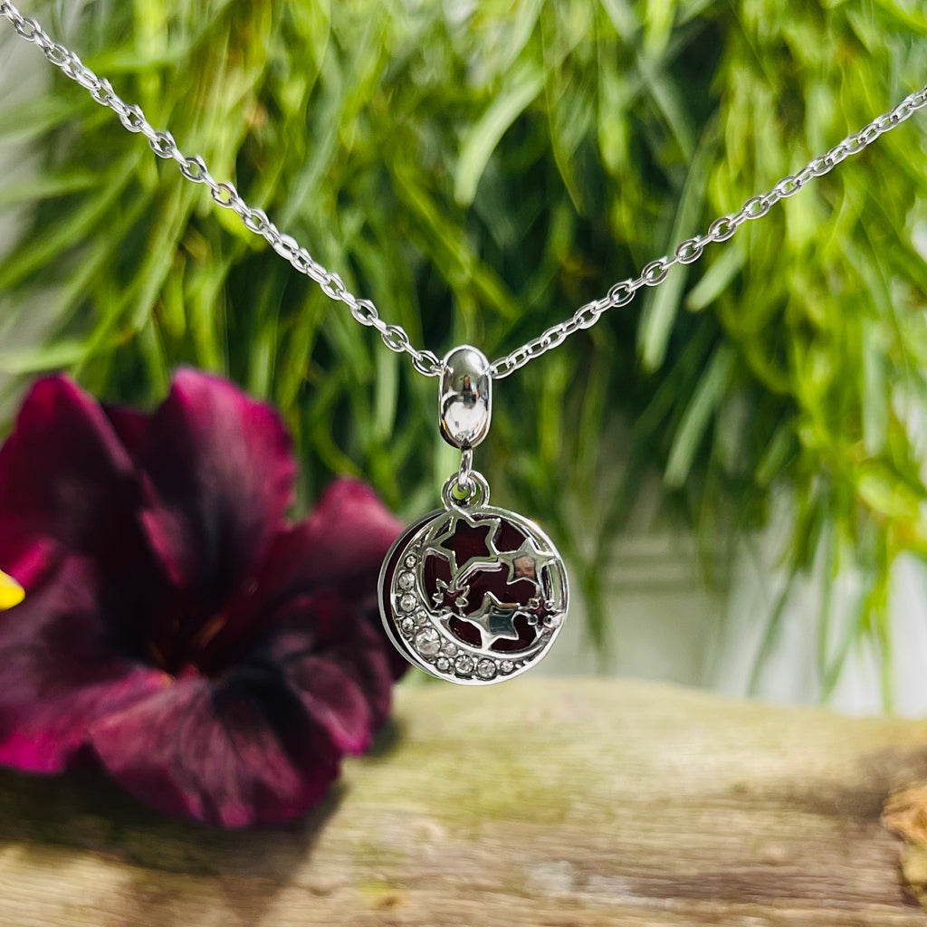 Silver Red Round stars and Moon Necklace