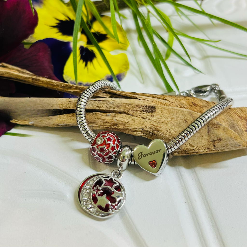 Silver Red Heart, Stars and Moon bracelet