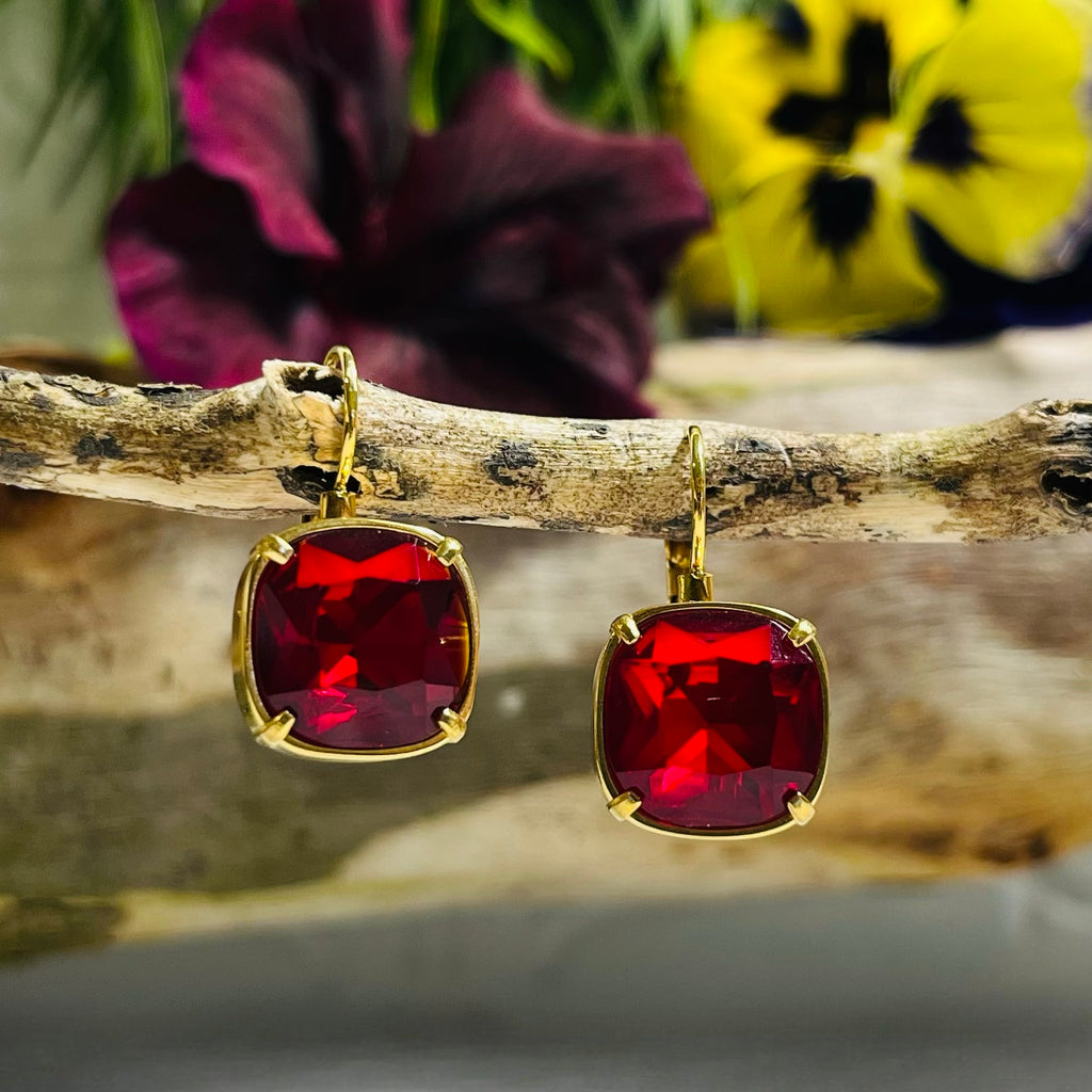 Gold & Red Square Earrings