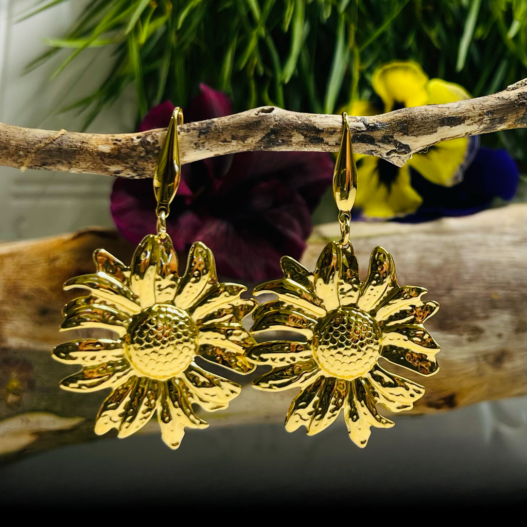 Large Gold Sunflower Earrings