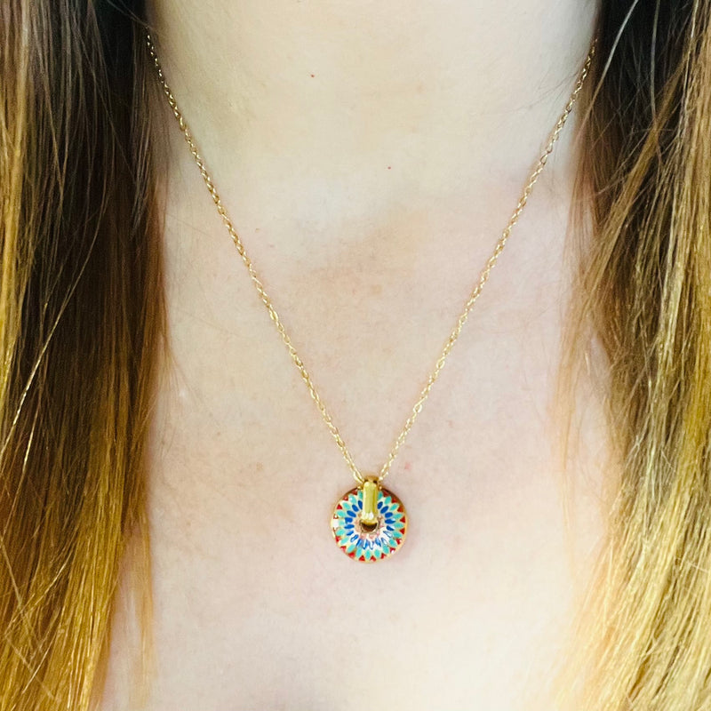 Gold Multicoloured Aztec Round Necklace