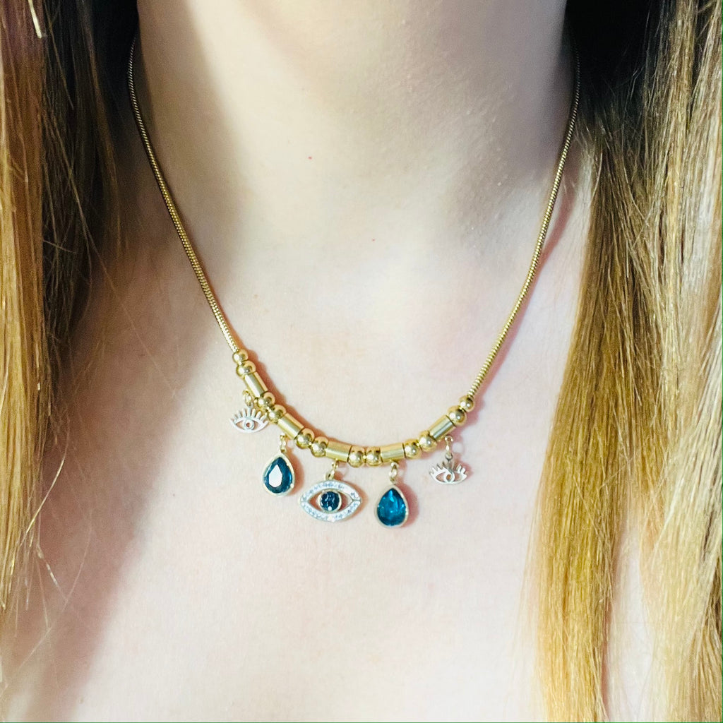 Gold Charm Necklace Evil Eye .