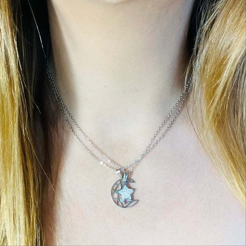 Silver Double Moon & Star Necklace