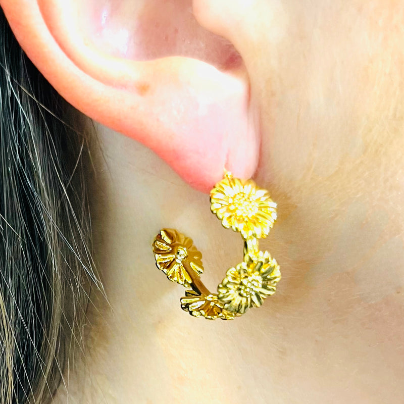 Gold Daisy Half Hoop Earrings