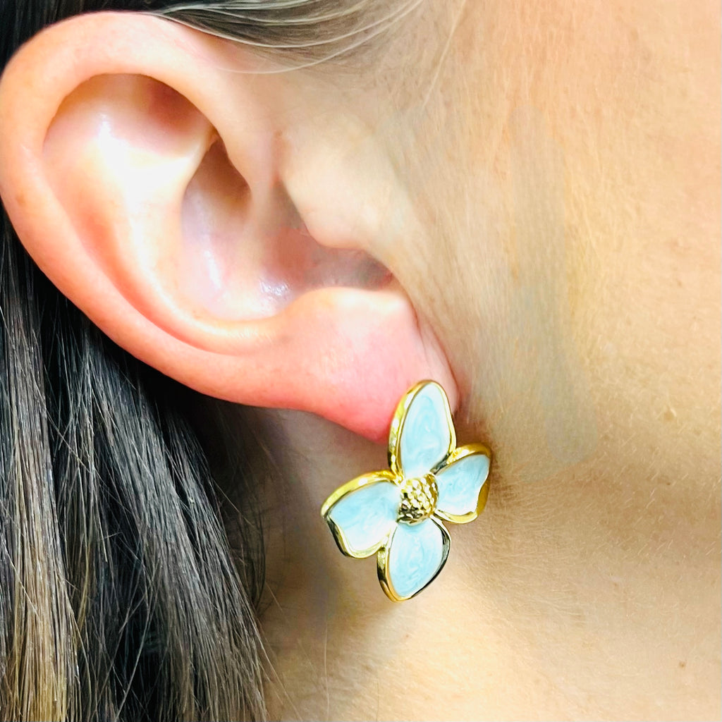 Gold & Light Blue/Green Flower Earrings