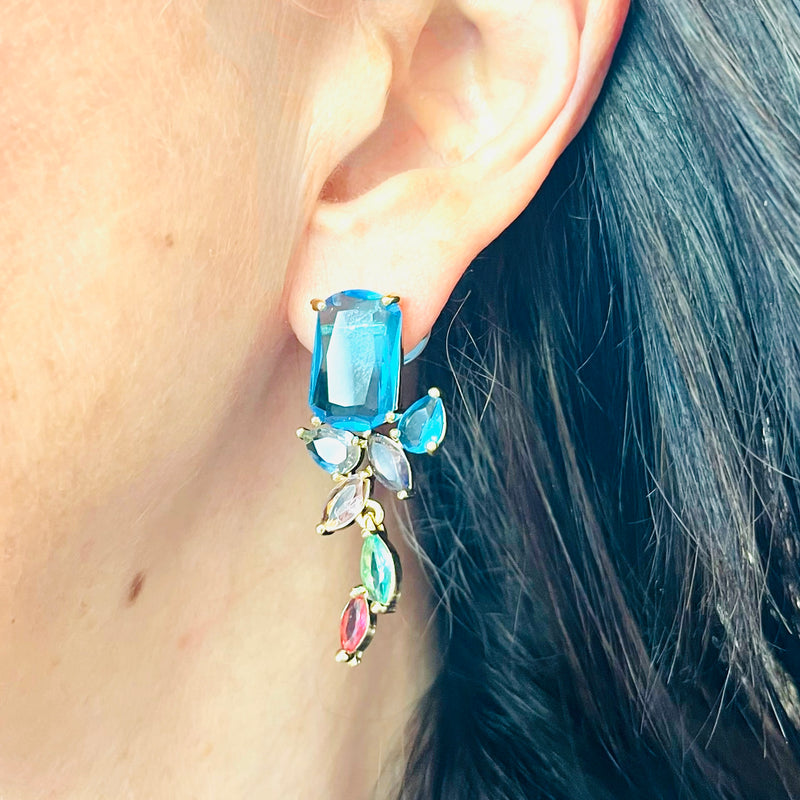 Gold Drop Down Colourful Crystal Earrings