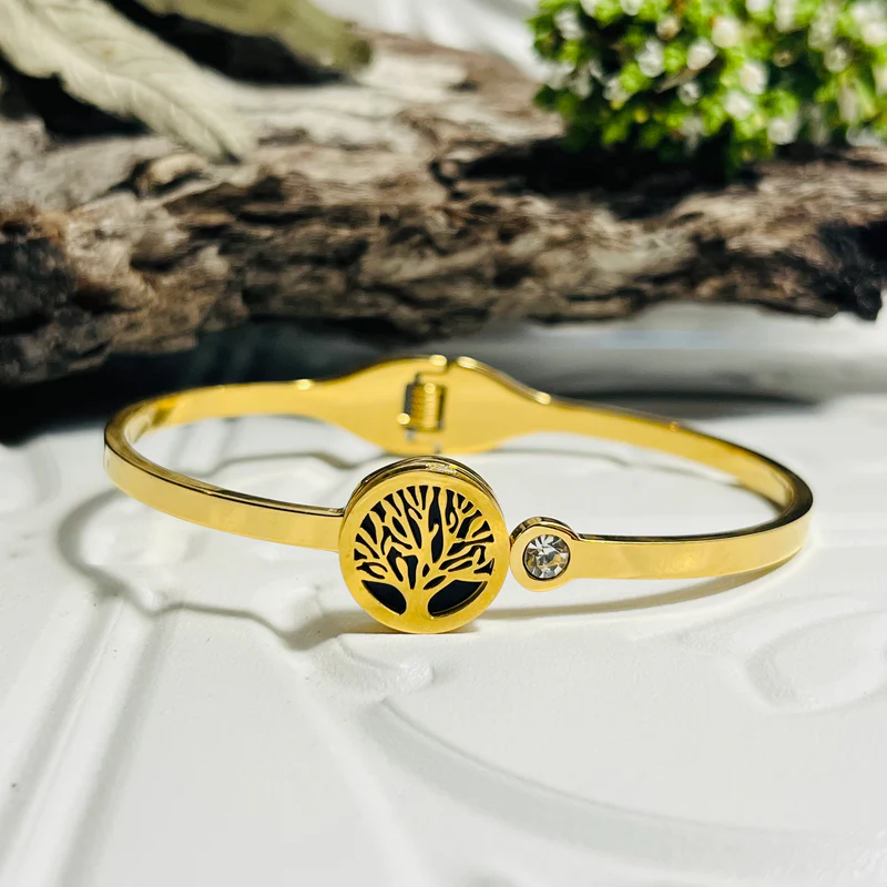 Gold Plated Bangle with Tree of Life & Cubic Zirconia